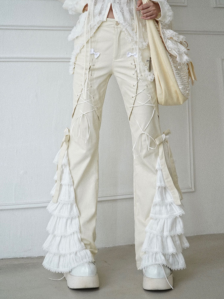 Lace-Trim Ruffle Long Pants