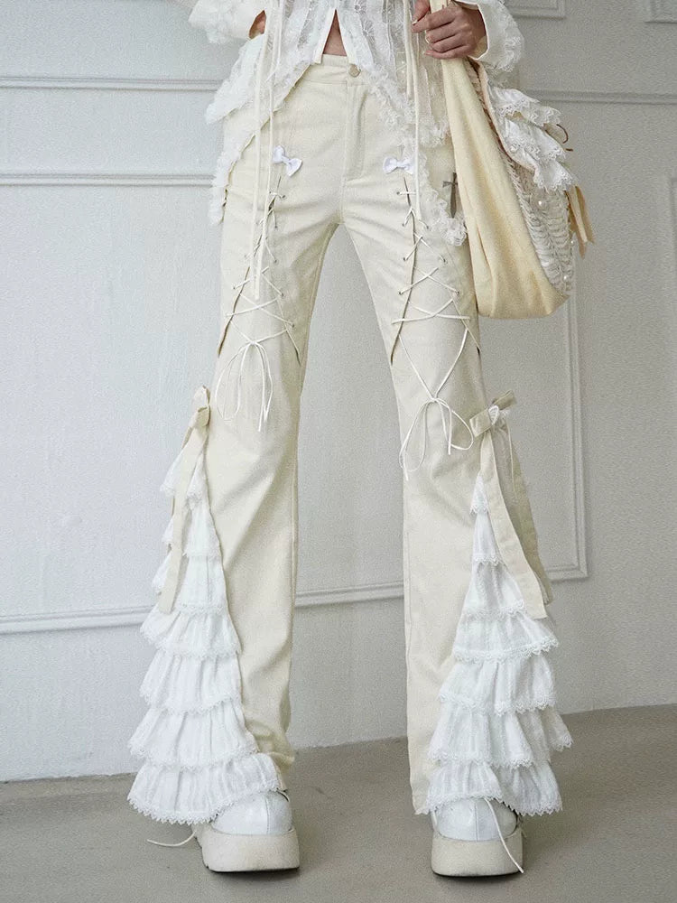 Lace-Trim Ruffle Long Pants