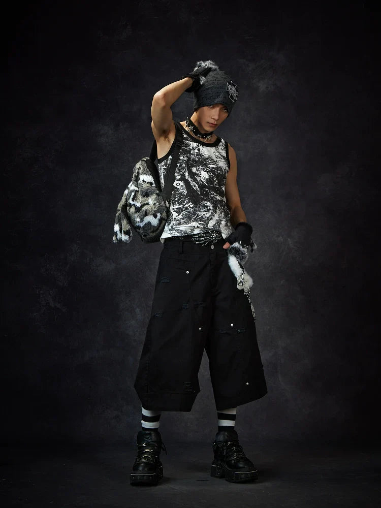 Ripped Design Wide Leg Cargo Short