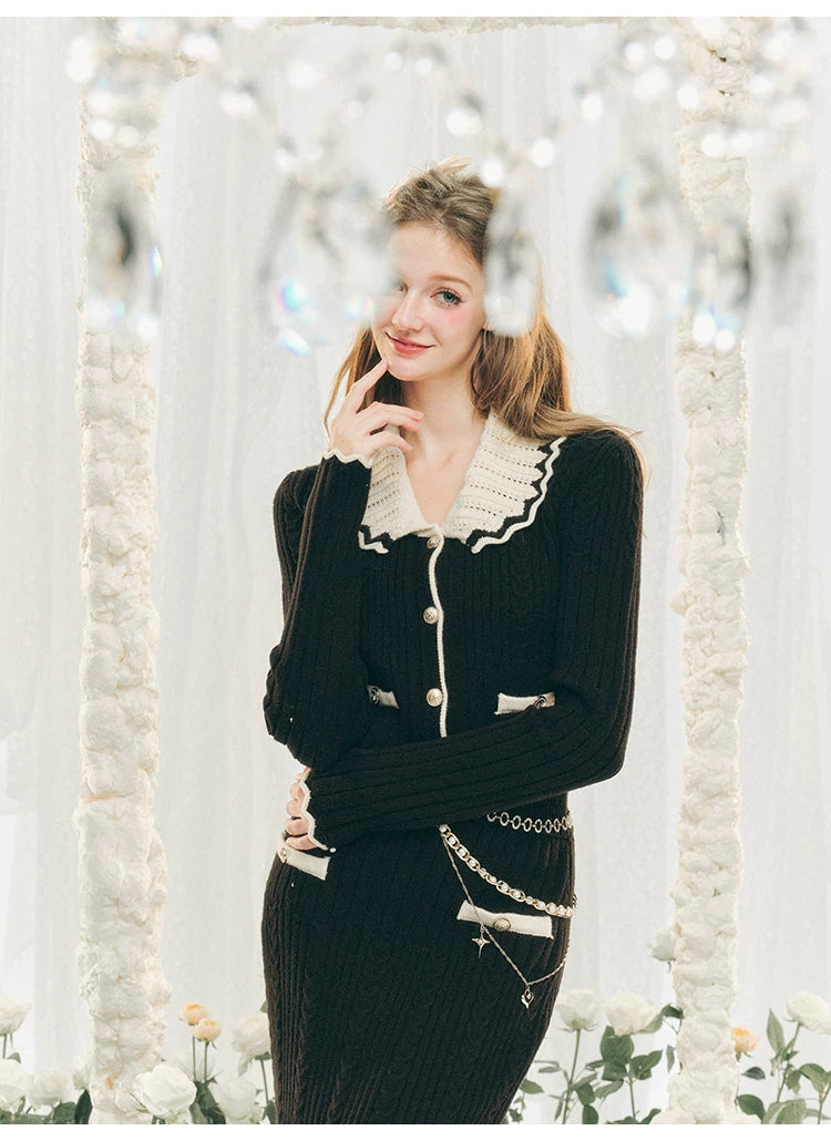 Ensemble cardigan en tricot à grand col et jupe moulante