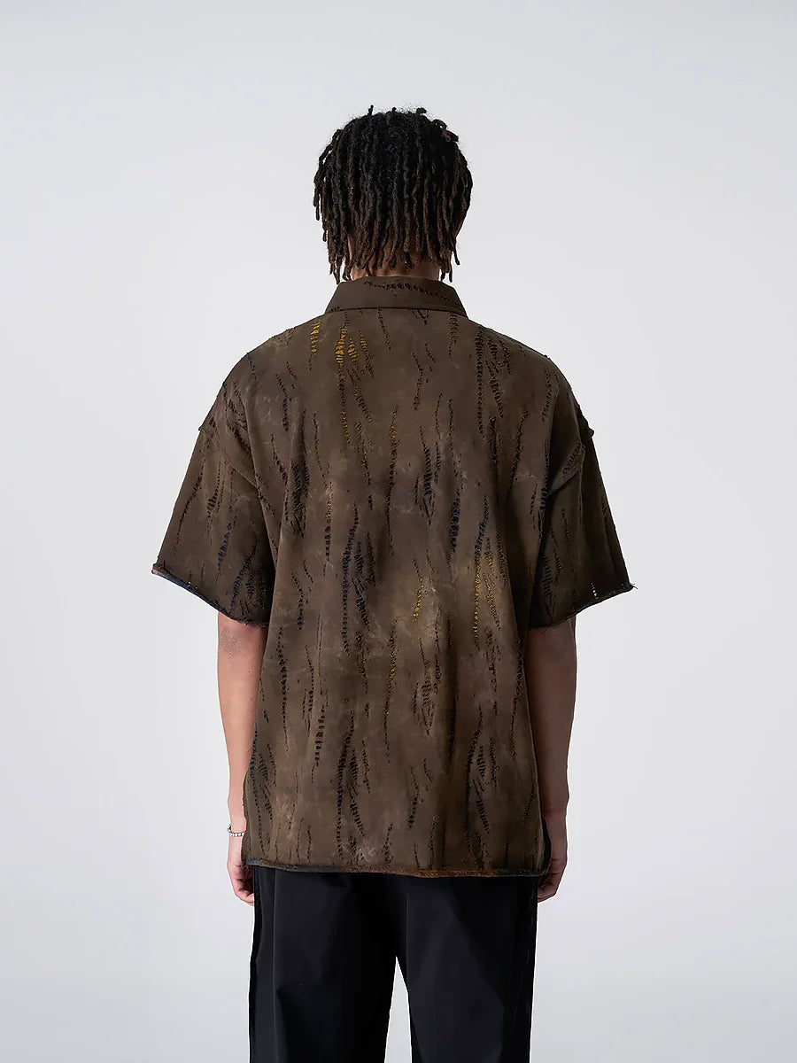 Wavy Pattern Raw Edge Print Short Sleeve Shirt