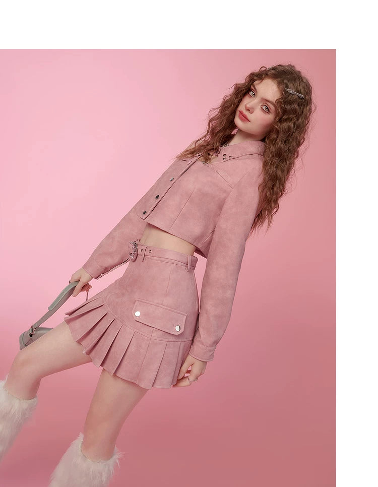 PU Leather Short Jacket & Short Pleats Skirt Setup