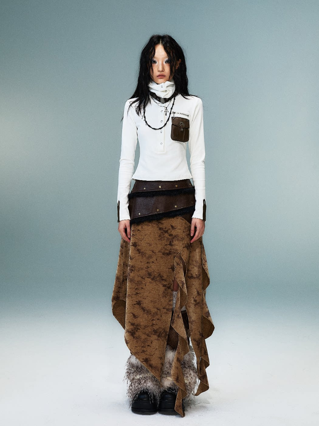 High-Neck Convertible Slim Knit Long Sleeve Shirt