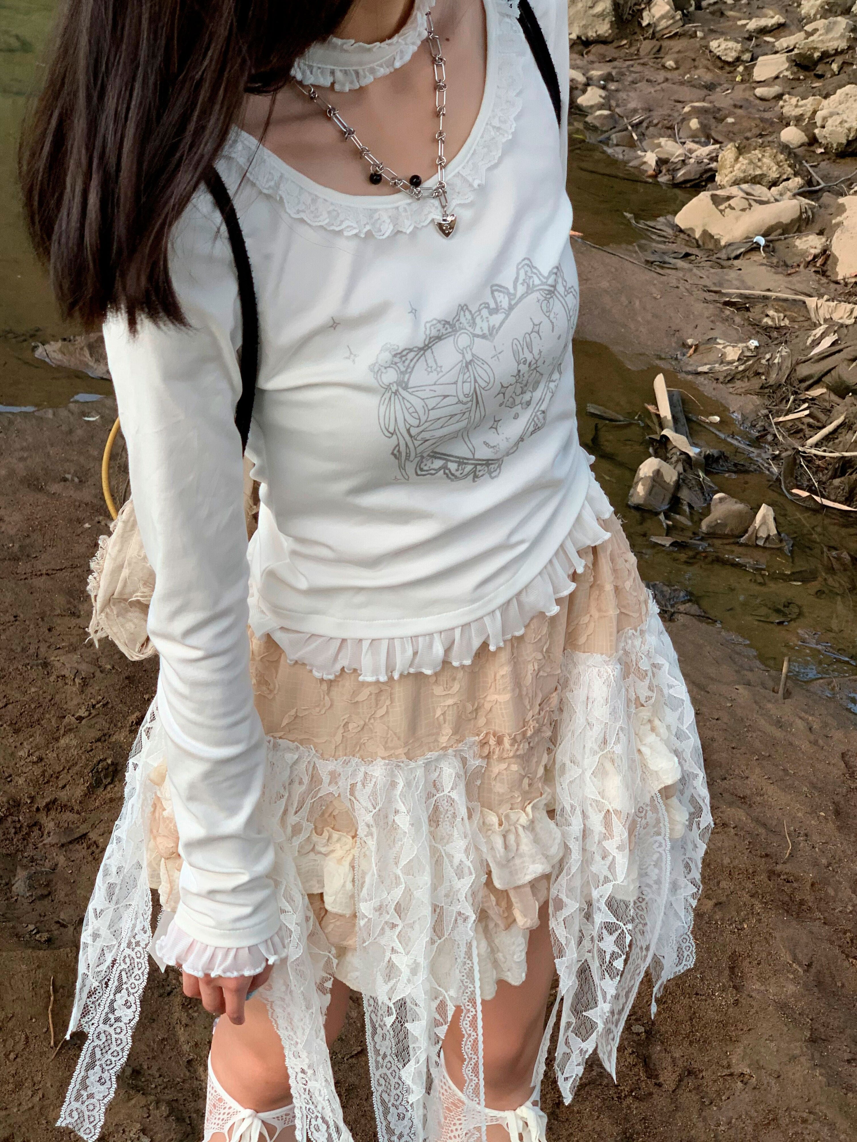 Lace Patchwork Tiered Irregular Short Skirt