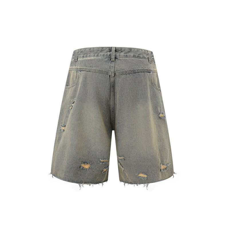 Washed Damage Wide Leg Denim Short Pants