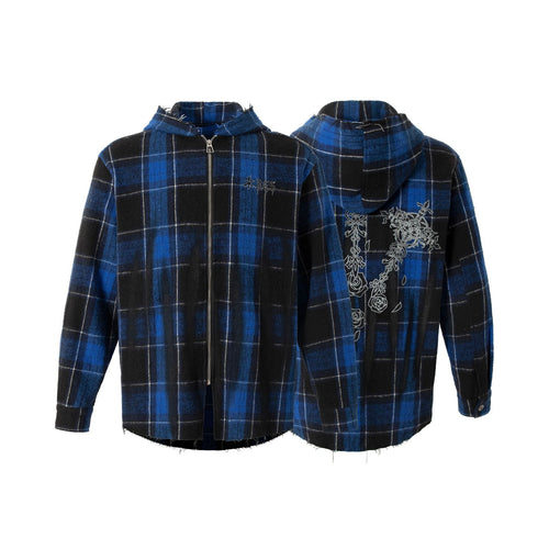 Felpa con cappuccio e cerniera a quadri con stampa gotica - Blu / M