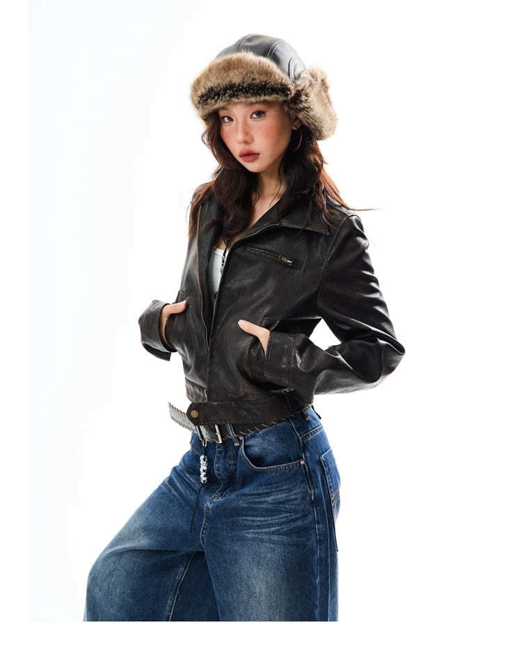 PU Leather Washed Zipper Short Length Jacket