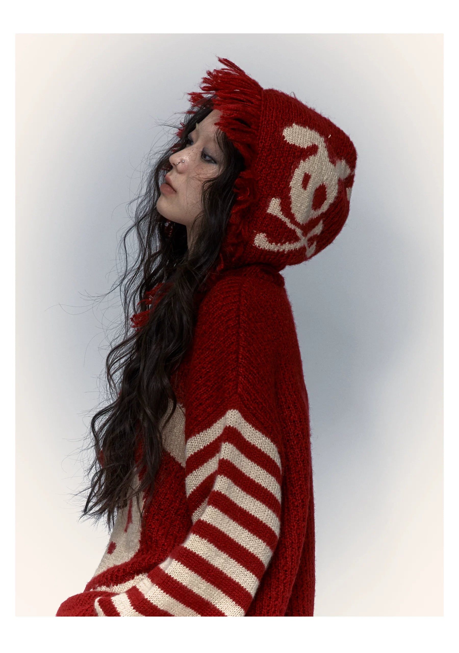 Skull Print Stripe Oversize Knit Hoodie
