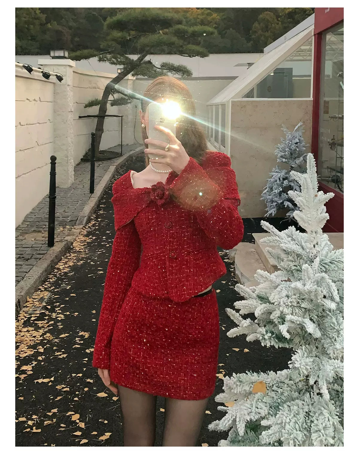 Short Tweed Jacket & Tweed Short Skirt & Tweed Fishtail Long Skirt & Fur Scarf Setup