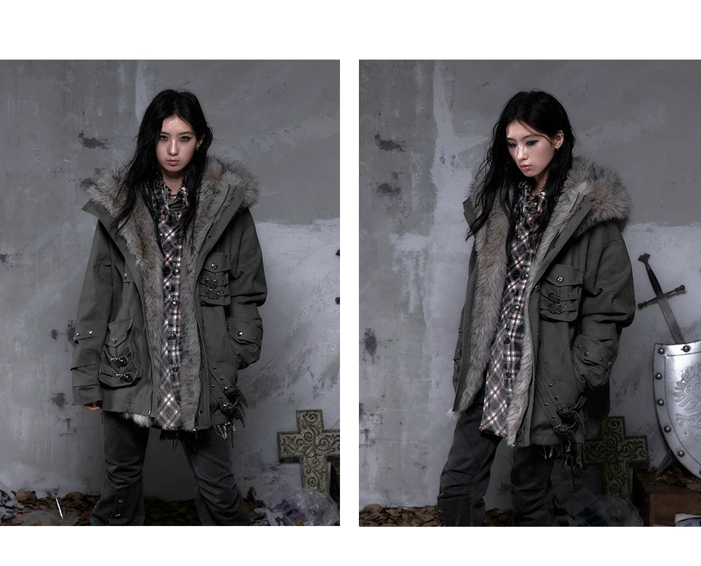 Fake Fur Hooded Multi-Pocket Buckle Detail Jacket