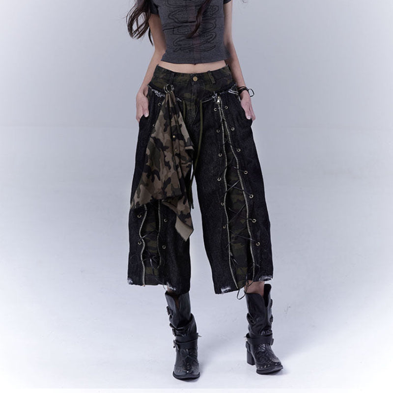 Camouflage Lace-Up Damage Cropped Denim Jeans & Scarf Set