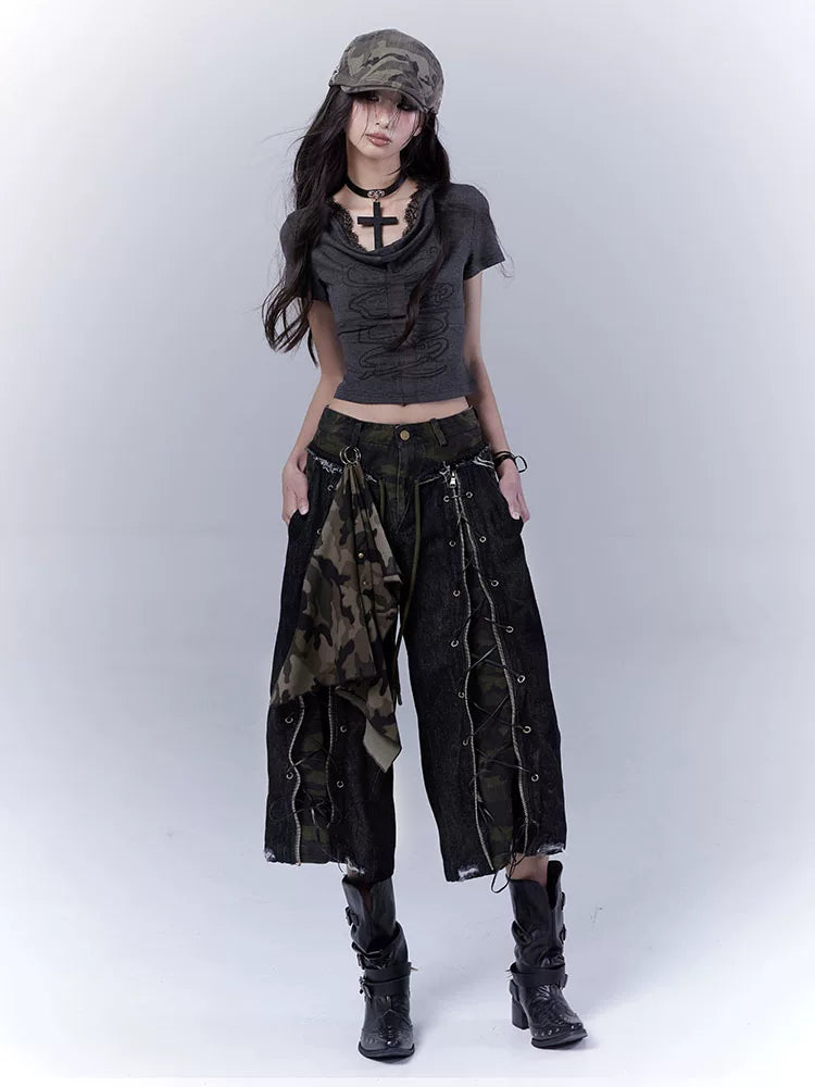 Camouflage Lace-Up Damage Cropped Denim Jeans & Scarf Set