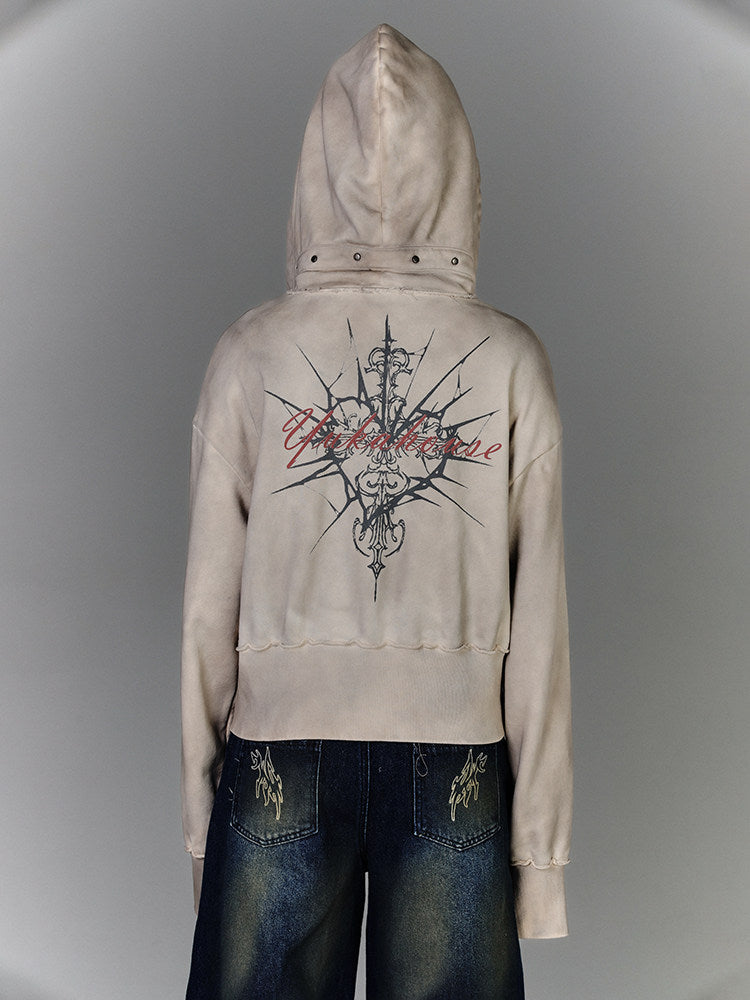 Washed Damage Oversize Zipper Hoodie