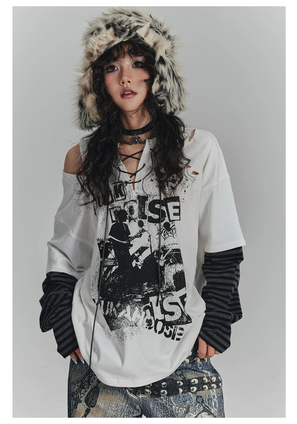Fake Layered Drawstring V-Neck Long Sleeve T-Shirt