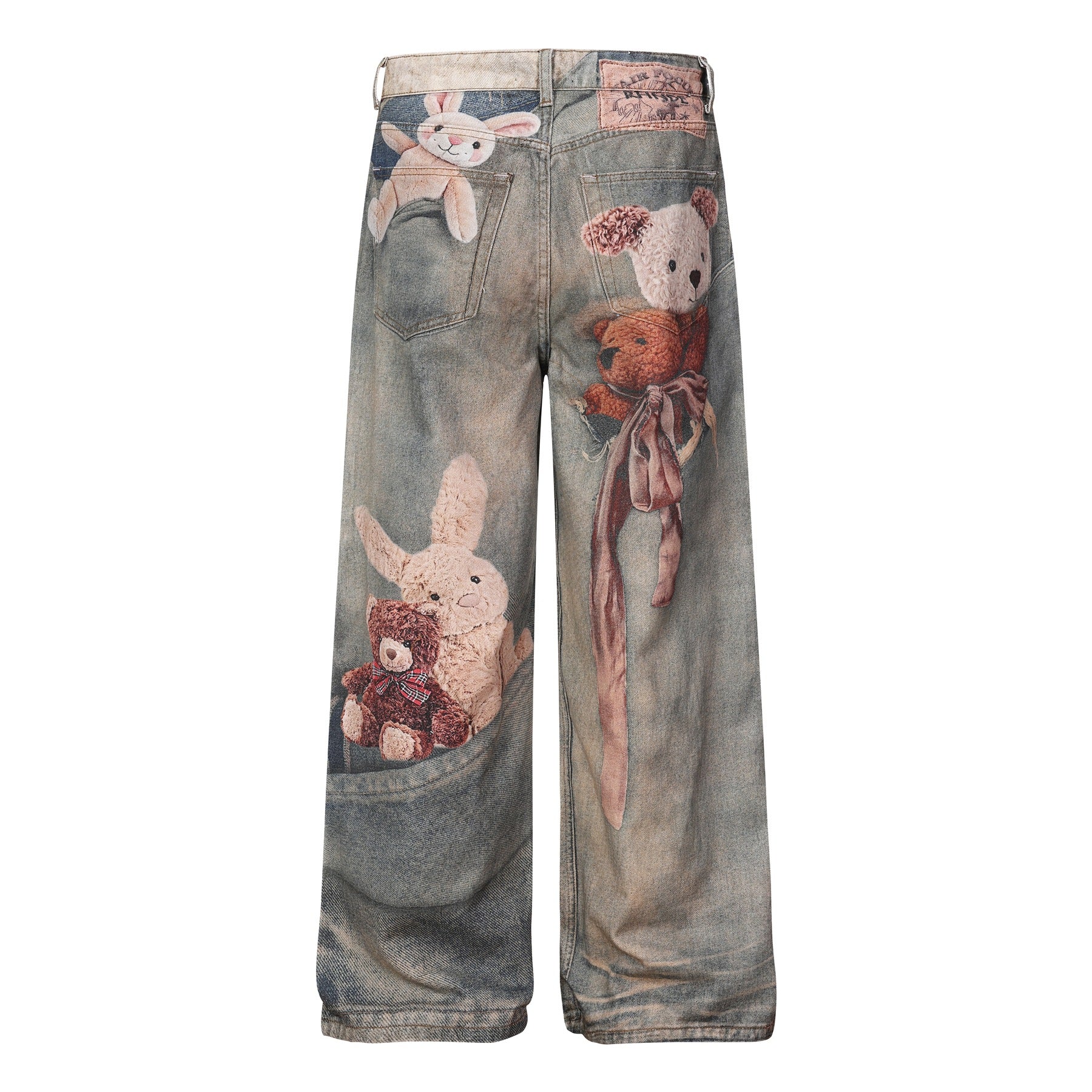 Washed 3D Graphic Print Wide Leg Denim Jeans