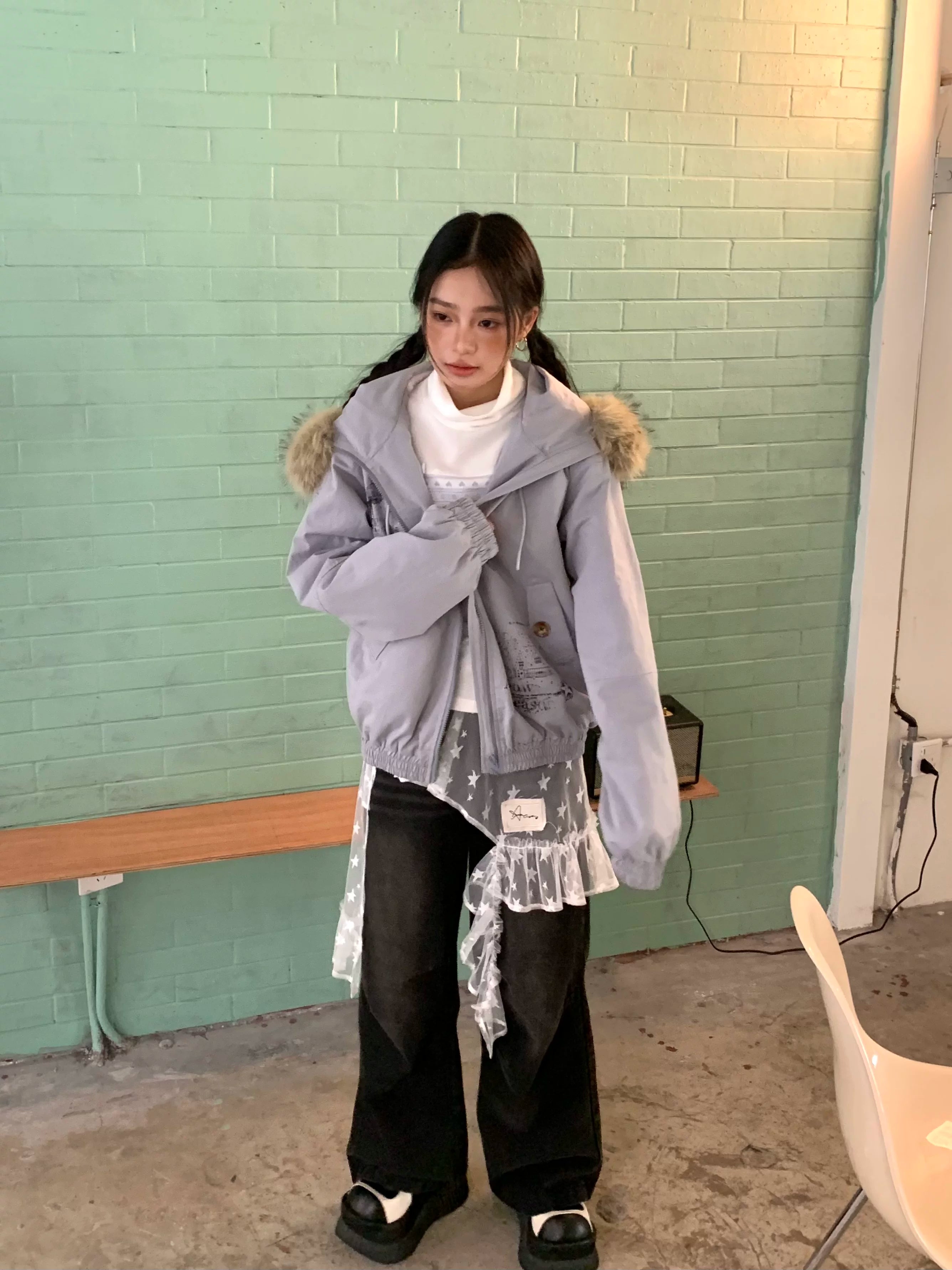 Fake Fur Trim Graphic Print Oversize Hooded Jacket