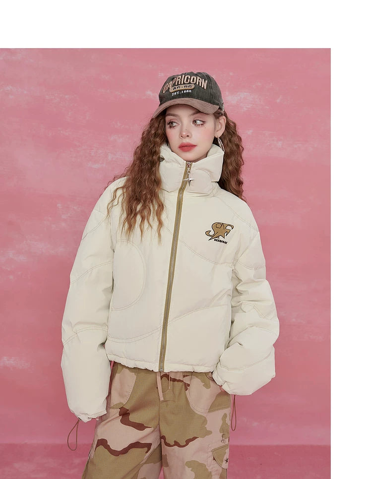 Letter Print High-Neck Short White Duck Down Jacket