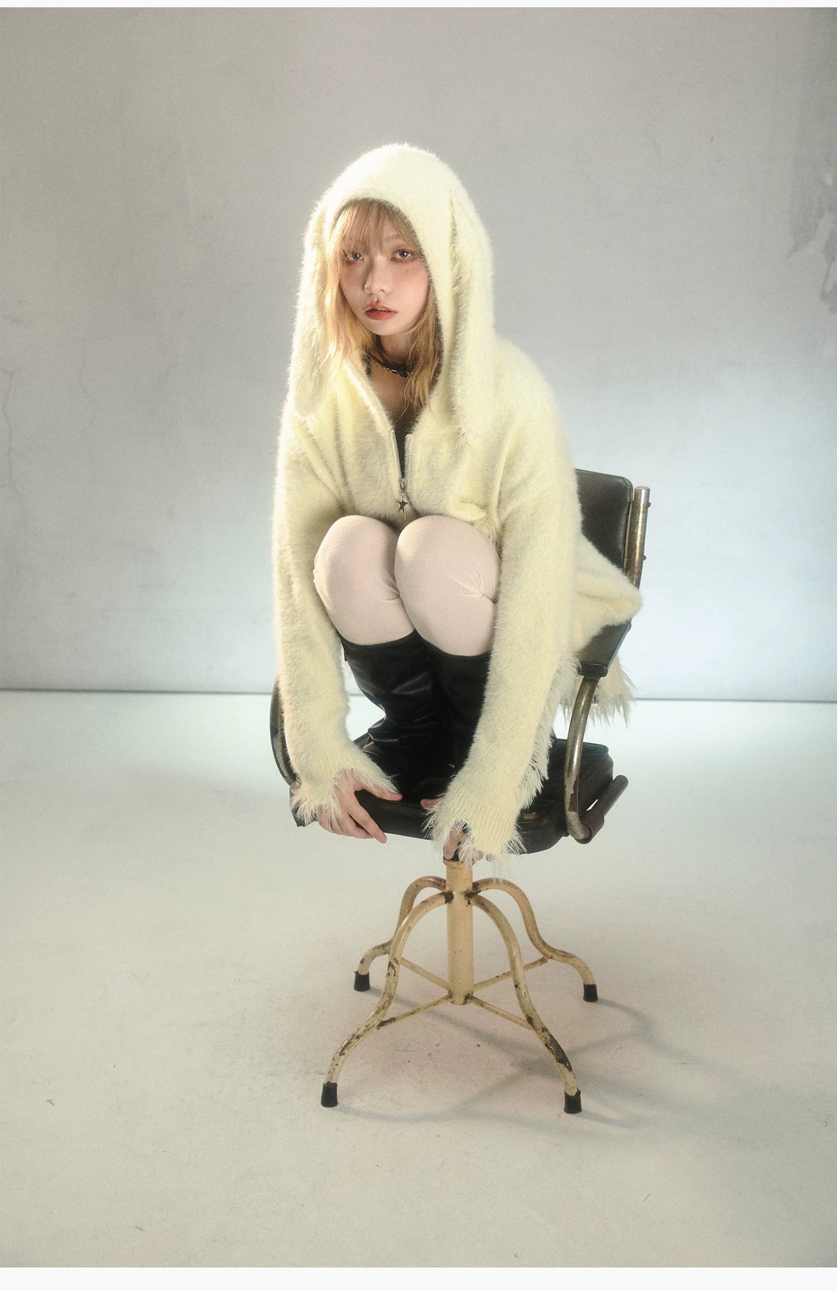 Rabbit Ear Zipper Knit Hoodie