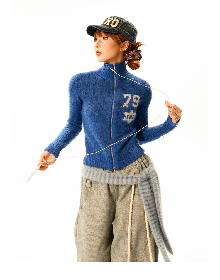 Number Patch Knit Zipper Stand Neck Cardigan