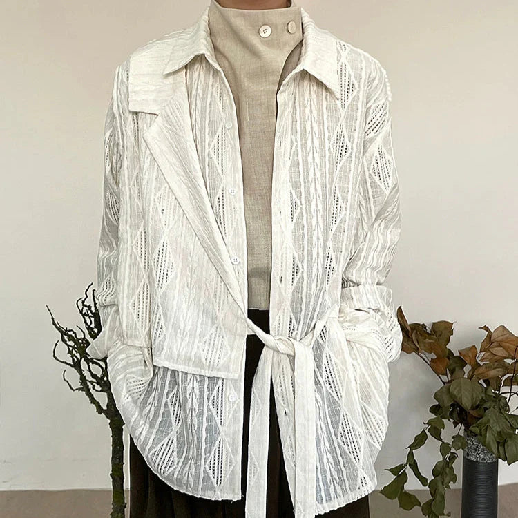 Jacquard Hollow-Out Patchwork Long Sleeve Shirt