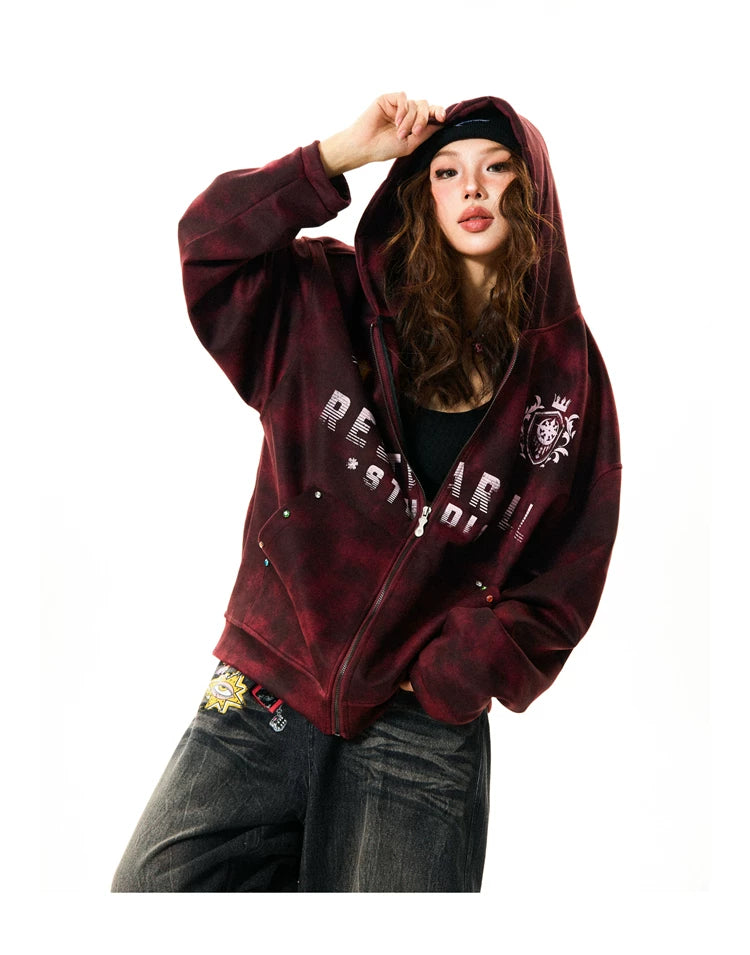Tie-Dye Letter Print Oversize Zipper Hoodie