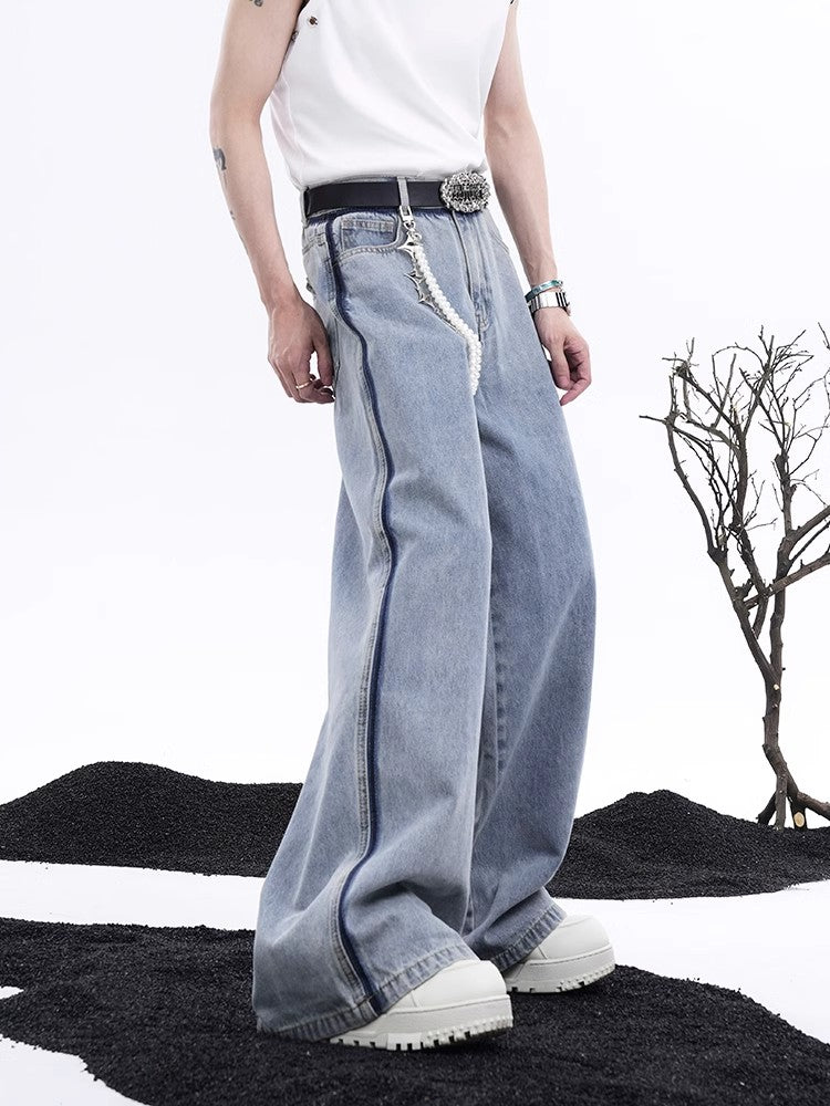 Damage Short Sleeve Denim Jacket & Wide-Leg Straight Denim Jeans Setup