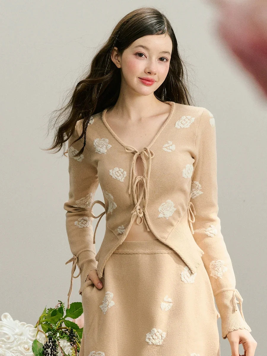 Rose Design Knit Cardigan & Knit Short Skirt Setup