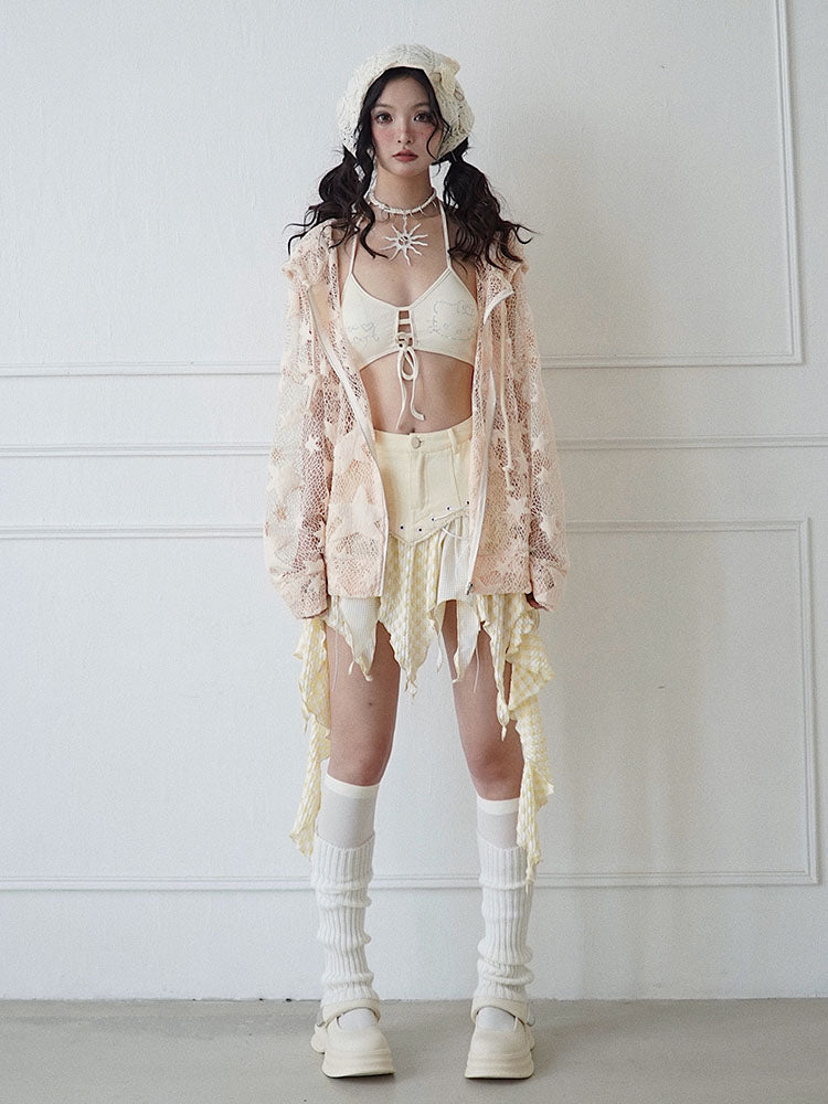 Sheer Mesh Hollow-Out Zipper Hoodie