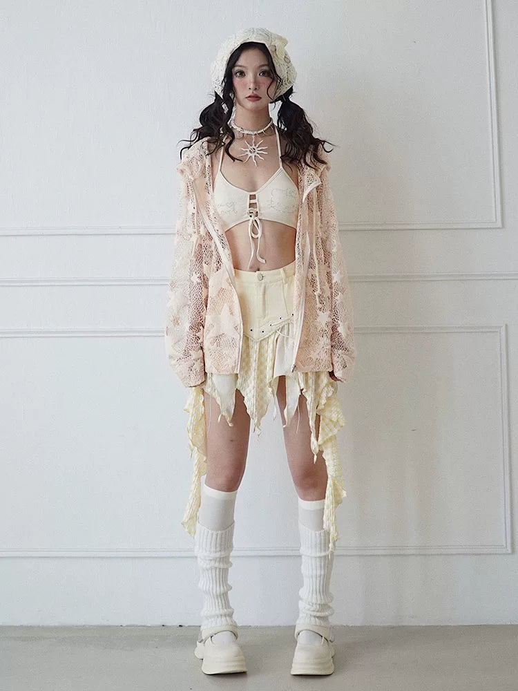 Sheer Mesh Hollow-Out Zipper Hoodie