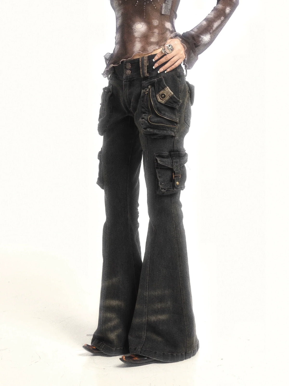 Multi-Pocket Stretch Flare Denim Pants