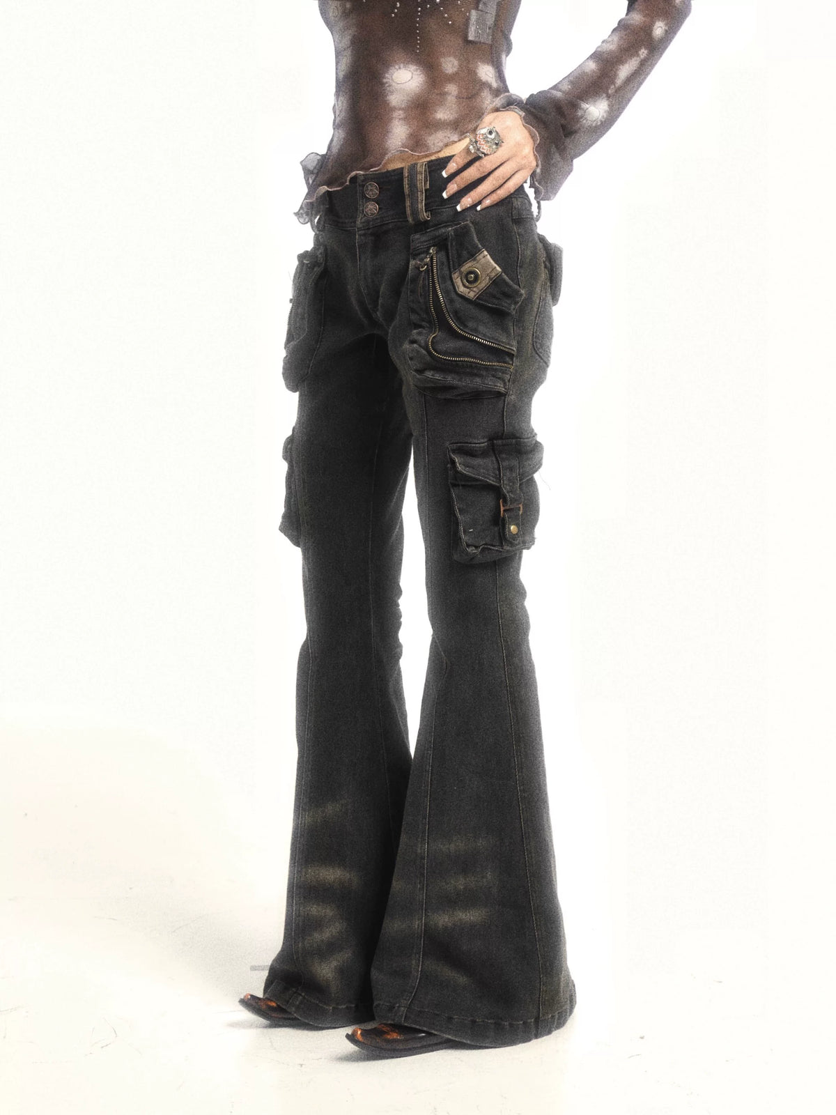 Multi-Pocket Stretch Flare Denim Pants