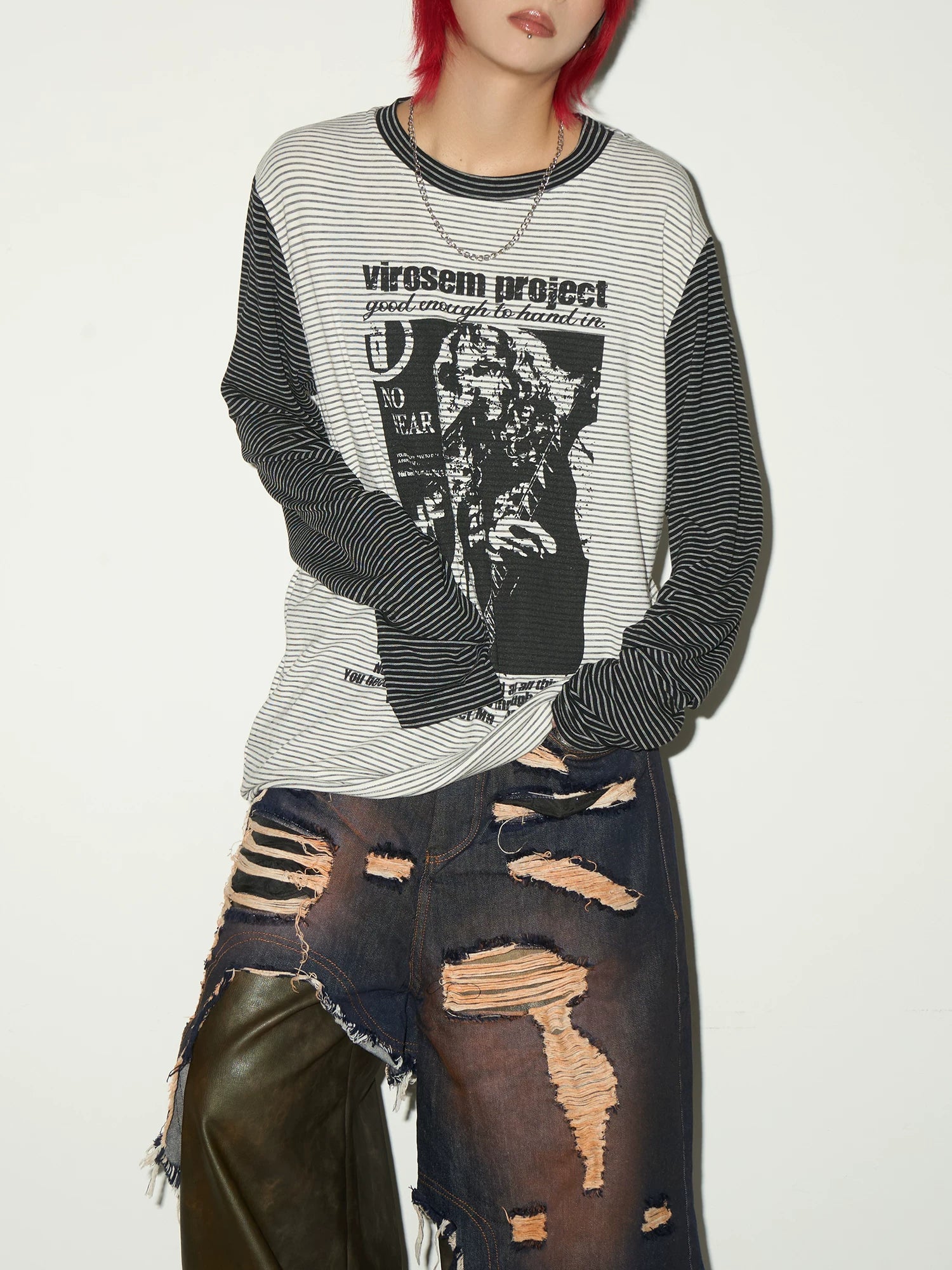Stripe Graphic Print Layered Long Sleeve T-Shirt