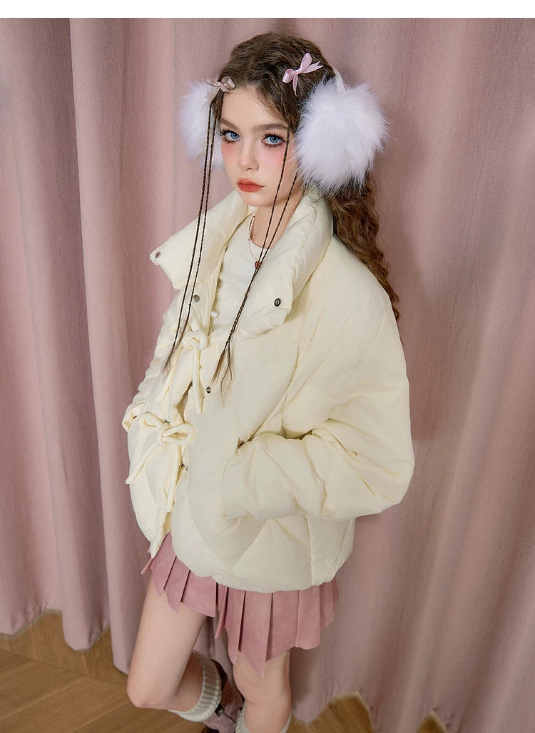Bow Design Stand Neck White Duck Down Jacket