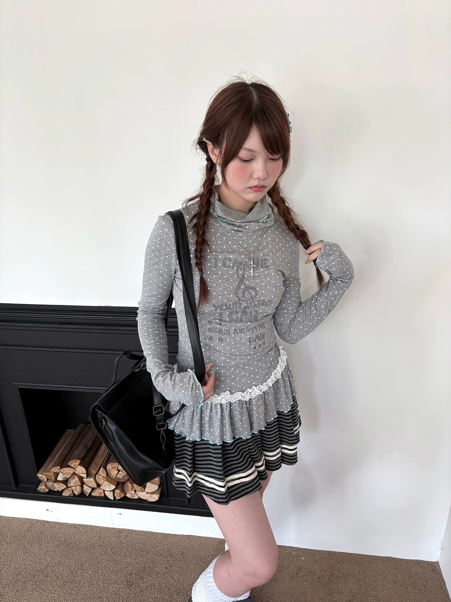 Polka Dot Lace High-Neck Long Sleeve T-Shirt