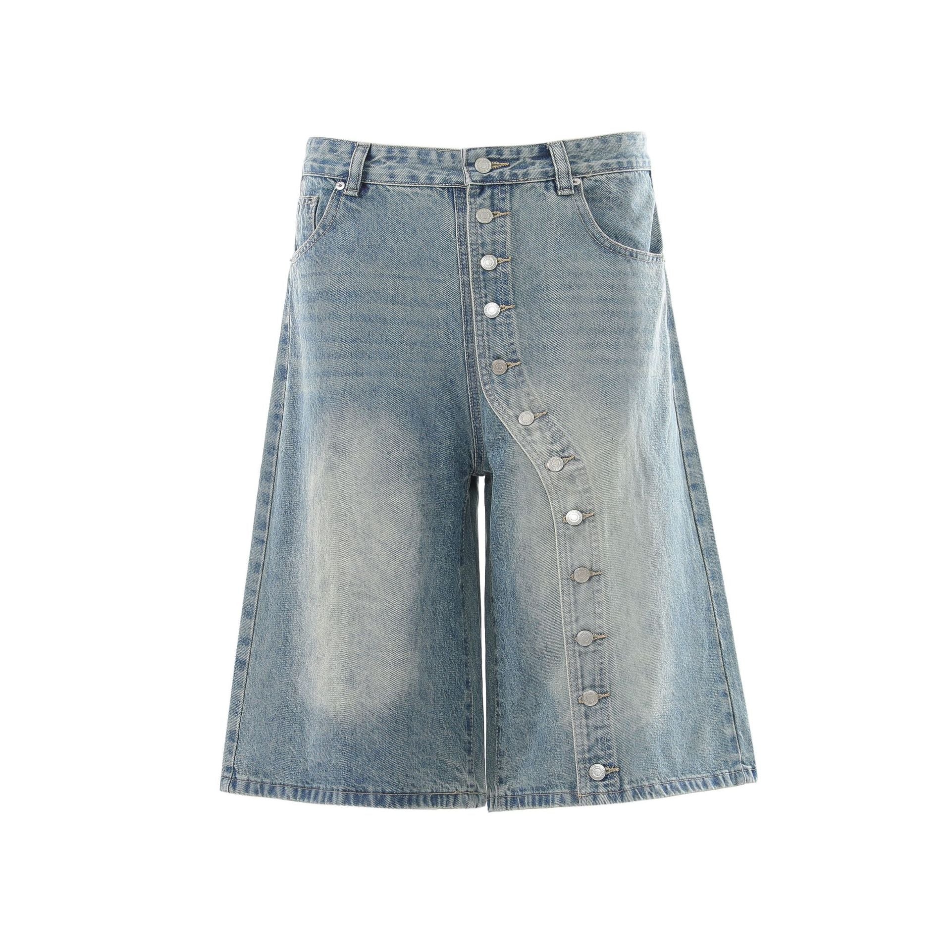 Raw Asymmetrical Button Denim Jort