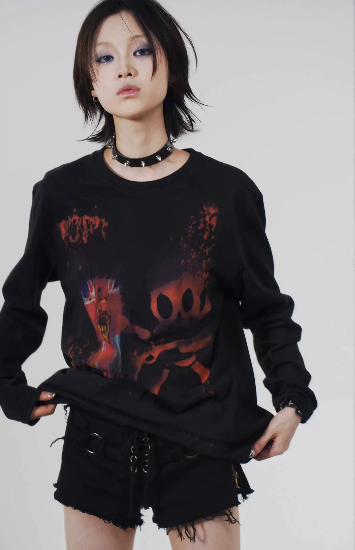 Skull Metal Print Long Sleeve T-Shirt