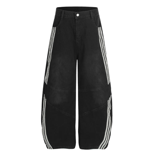 Calça jeans de pernas largas e curvas com as Três Listras desconstruídas - Preto / M