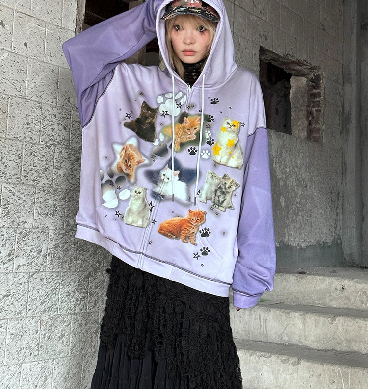 Cat Print Zipper Hoodie