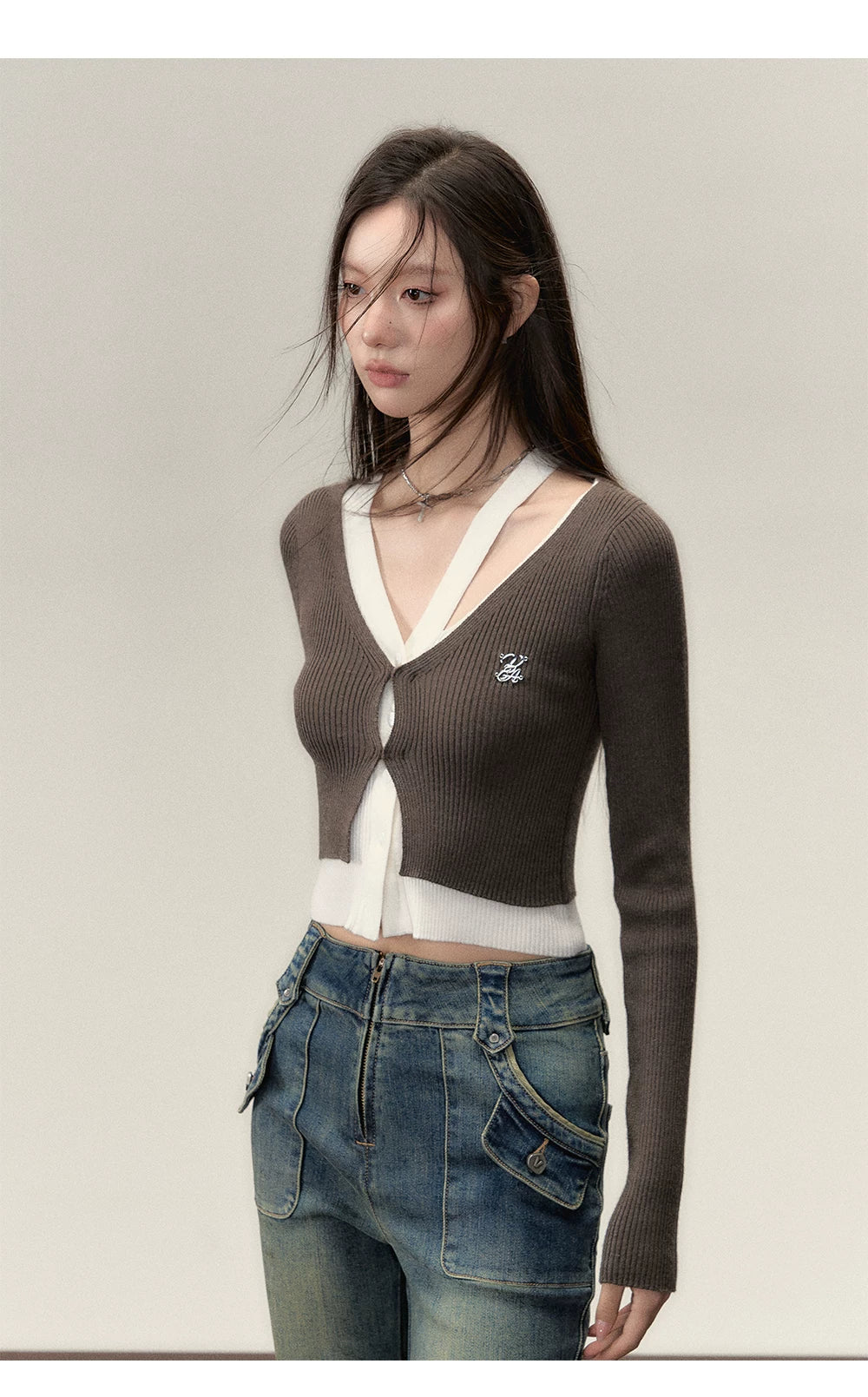Fake Layered Long Sleeve Knit Cardigan
