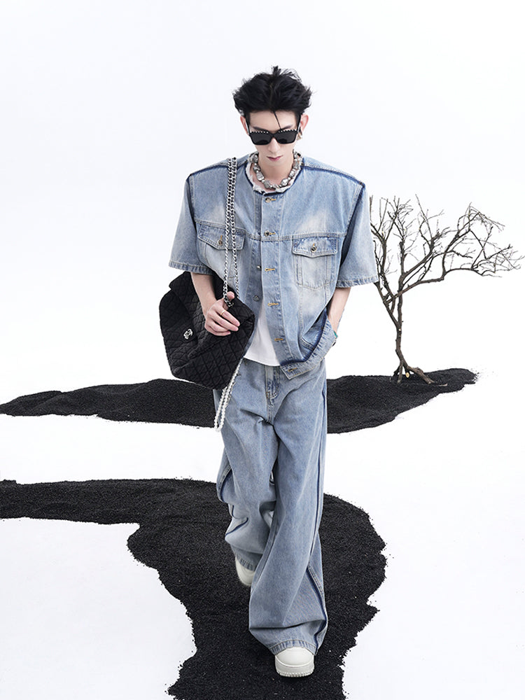 Damage Short Sleeve Denim Jacket & Wide-Leg Straight Denim Jeans Setup