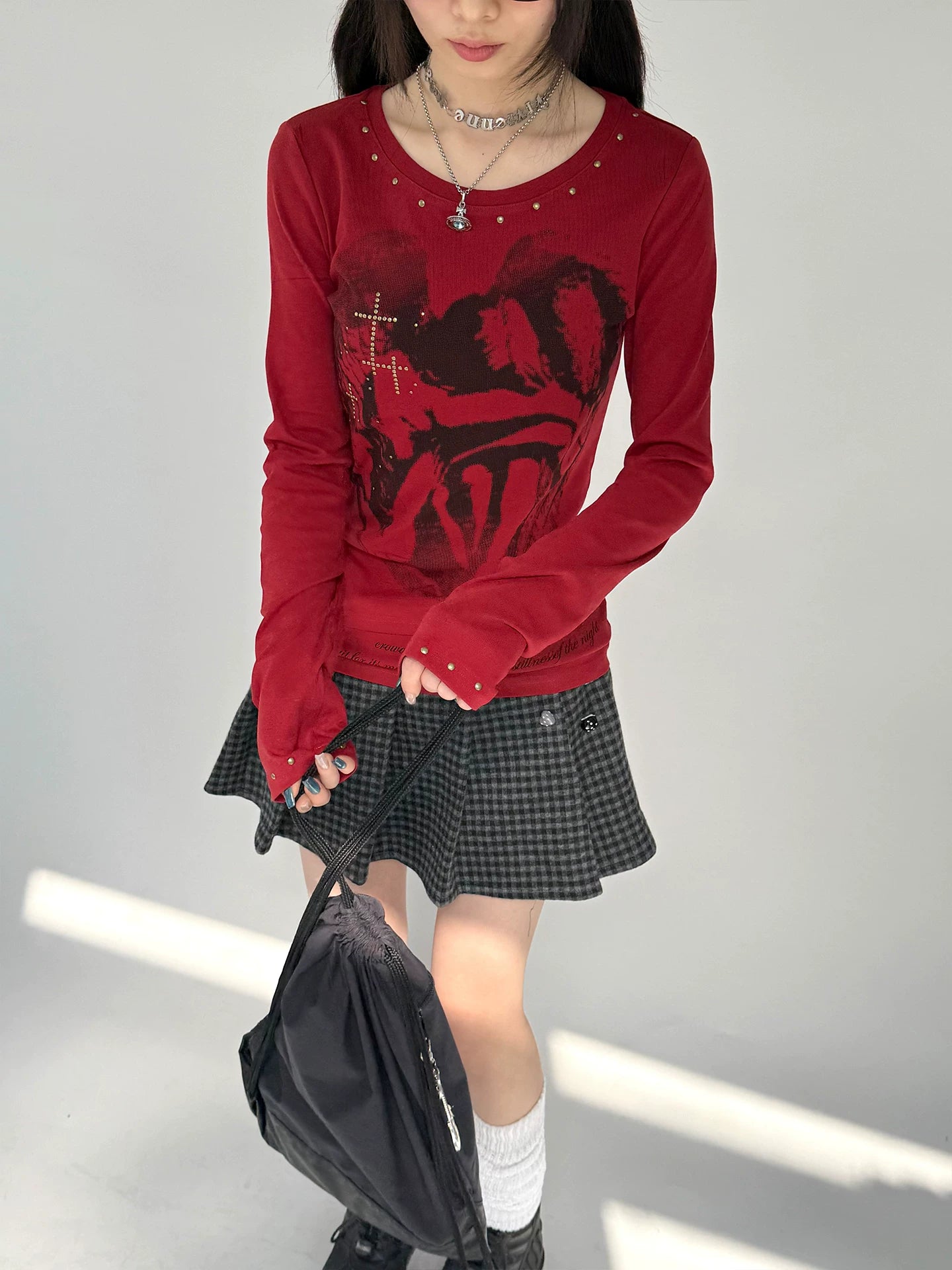 Cross Print Rivet Long Sleeve T-Shirt