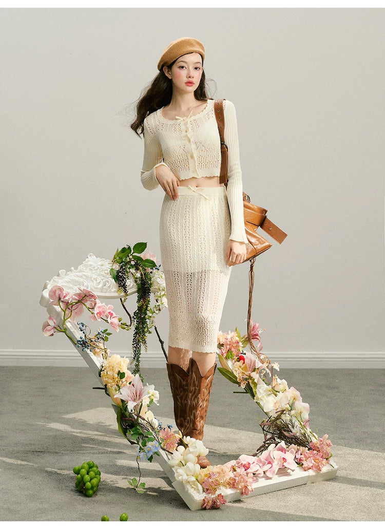 Hollow Out Button Knit Cardigan & Half Skirt Setup