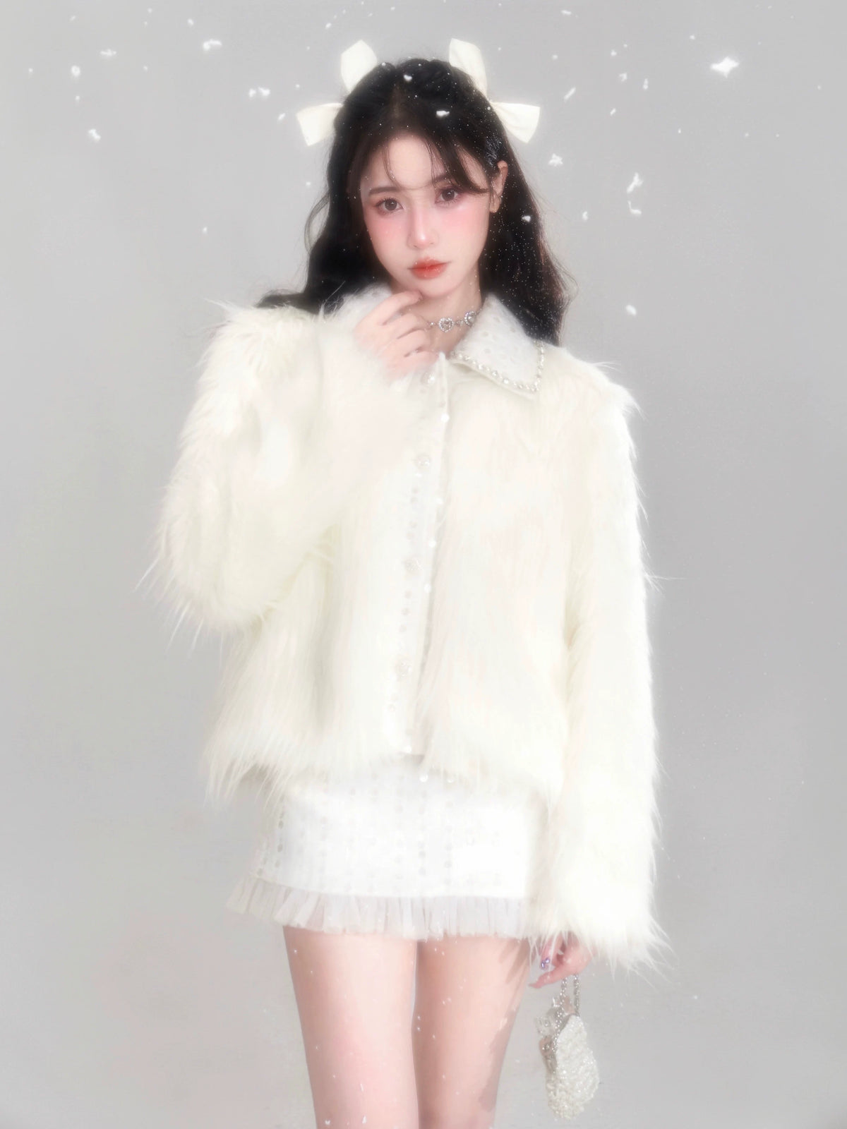 Eco Fur Warm Jacket & Short Skirt & Long Skirt Setup