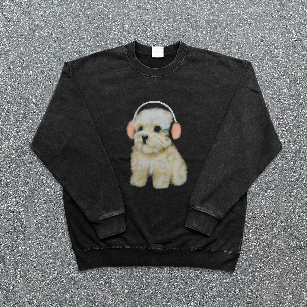 Wax Dye Washed Heavyweight Dog Print Sweatshirt