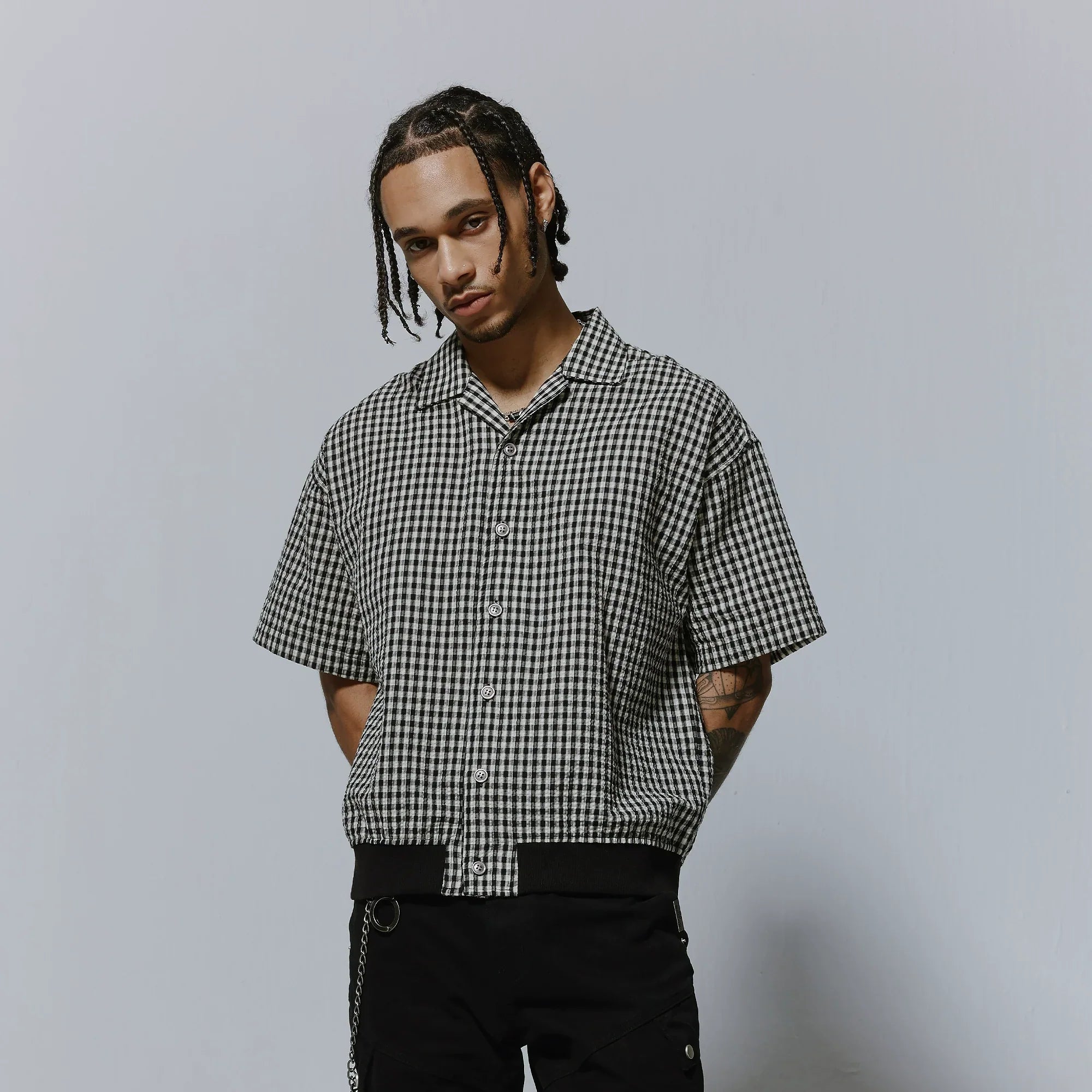 Plaid Oversize Ribbed Hem Turn-Do