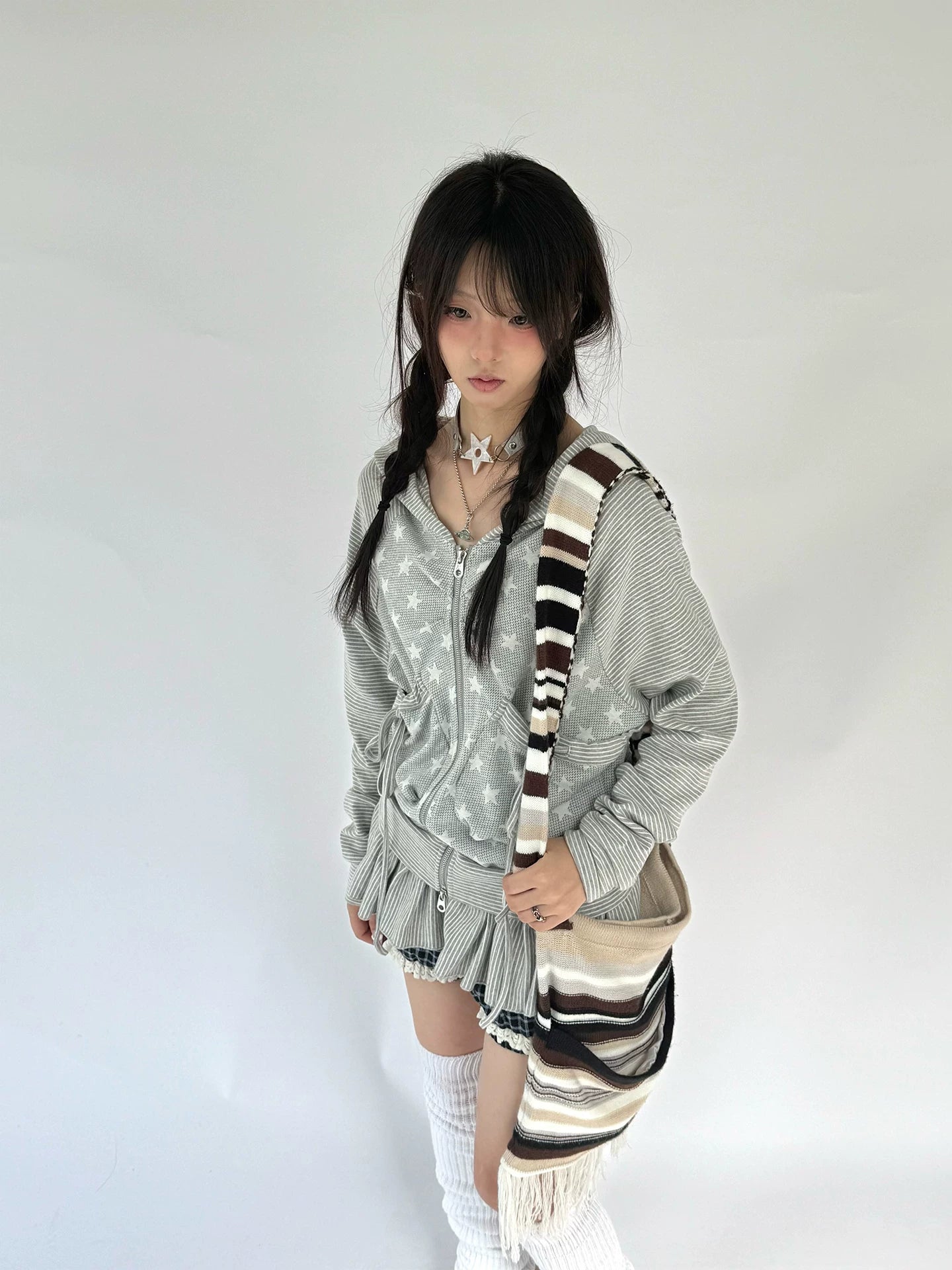Striped Patchwork Hooded Drawstring Ruffle Jacket & Skirt Setup