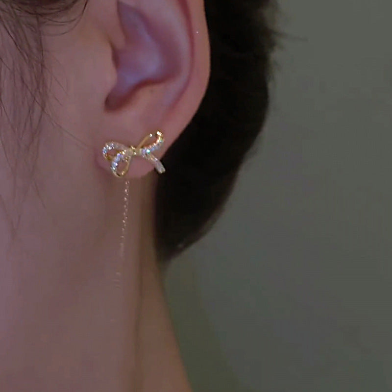 Gold Bow Zircon Tassel Earrings 2024 New Trendy Summer Earrings Luxury Light Luxury Tassel Stud Earrings