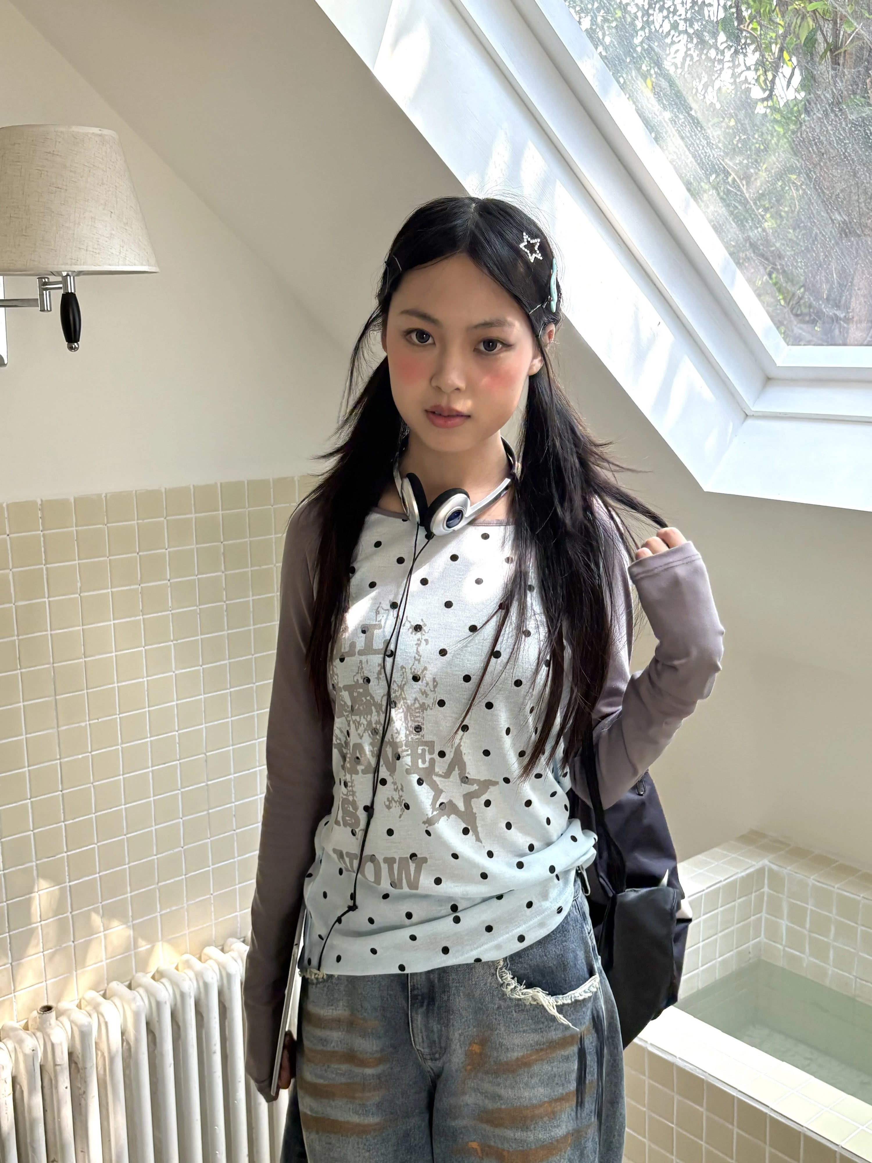 Polka Dot Letter Print Fake Layered Fitted Long Sleeve T-Shirt