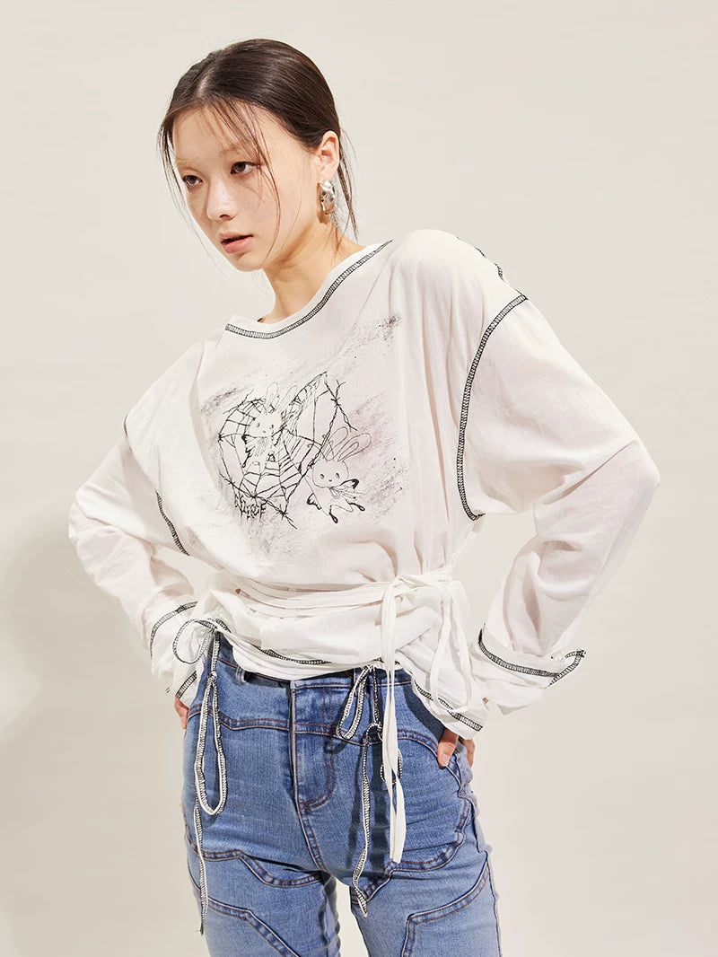 Hand-Drawn Rabbit Print Long Sleeve T-Shirt