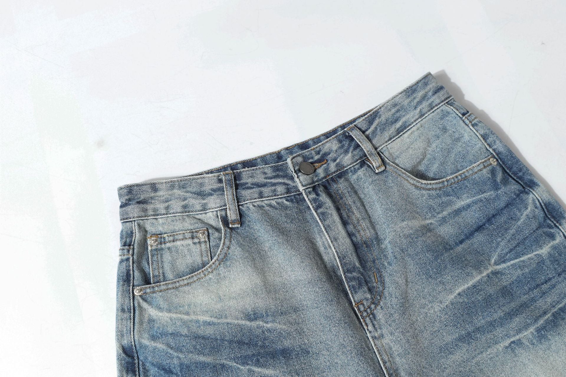 Washed Whisker Damage Wide Leg Denim Jeans